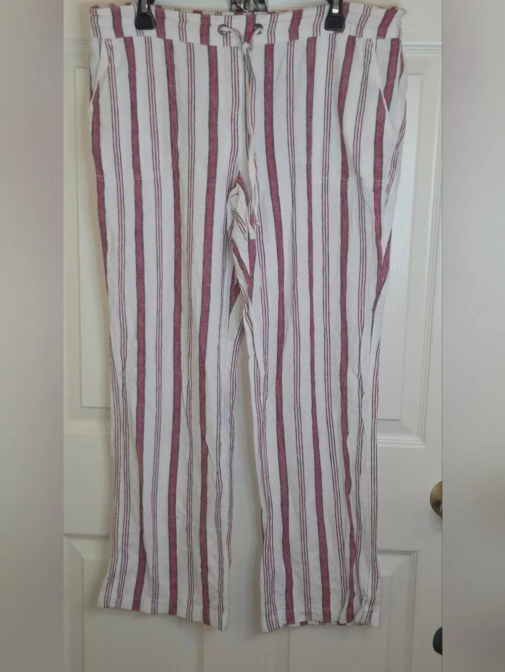 Per Se Linen Blend L White Full Length Red&Black Stripes  Pull On Women Pants